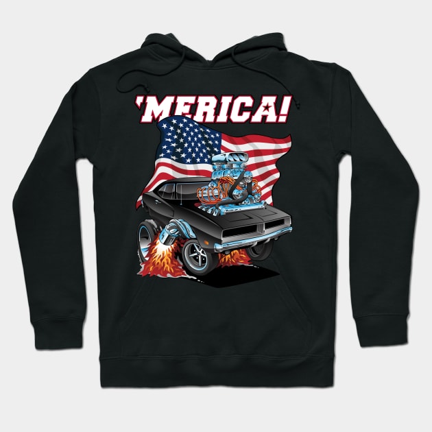 Merica Patriotic Classic Hot Rod Muscle Car USA Flag Cartoon Hoodie by hobrath